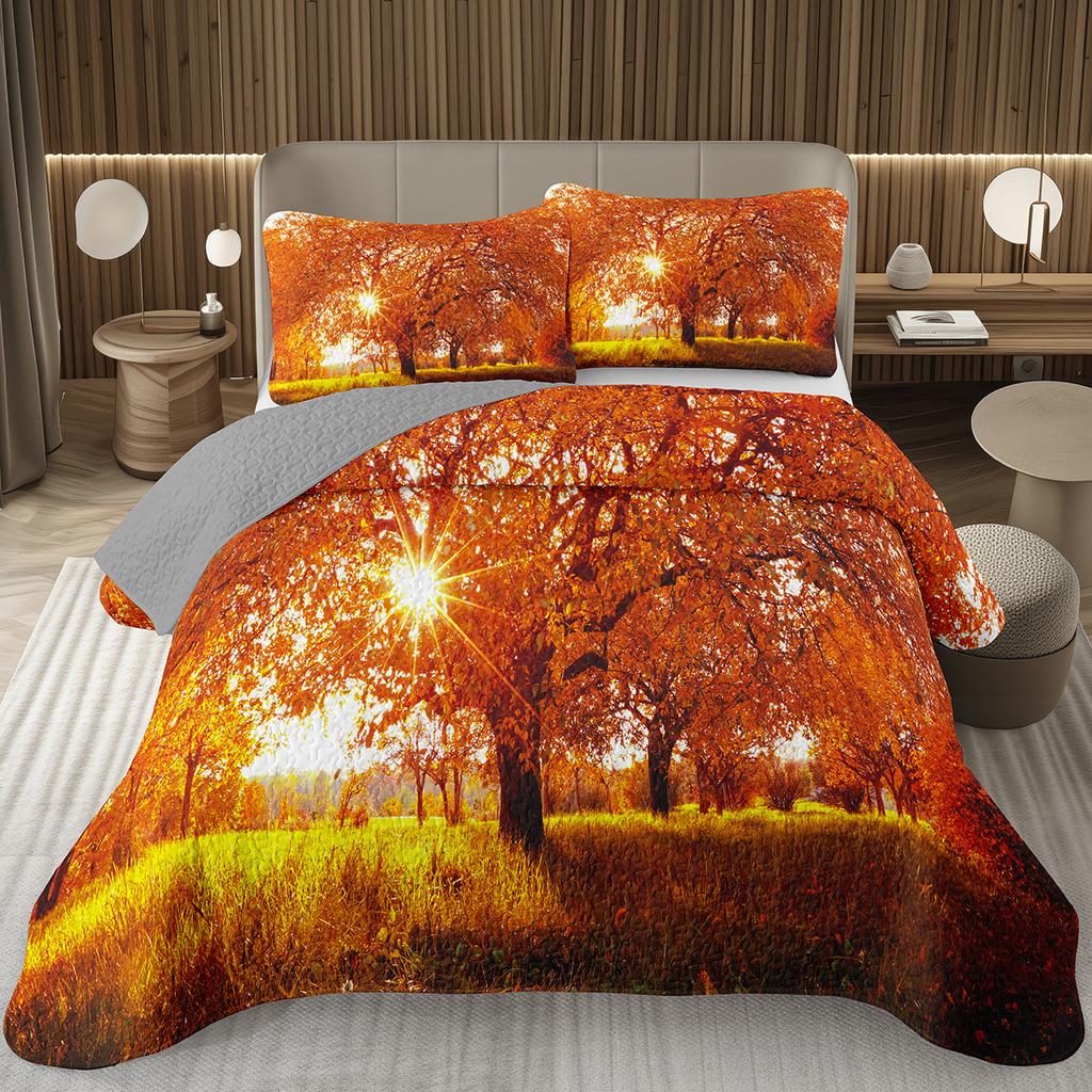 Fall Leaves Bedspread Set Queen/Twin, Autumn Maple Leaf Quilt Set, Soft Lightweight Botanical Coverlet, Rustic Farmhouse Bedding