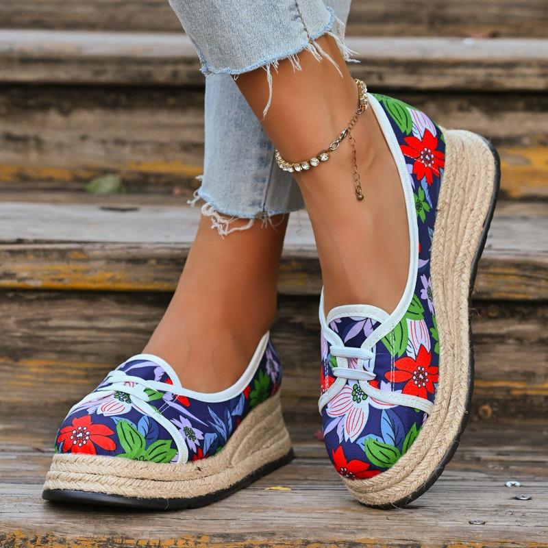 

Мода Мода Одинарная обувь Осень Новые Круглый носок Мелкий вырез Принтованная Соломенная платформа Нескользящая Износостойкая Обувь на каблуке-рюмочке 43 синий