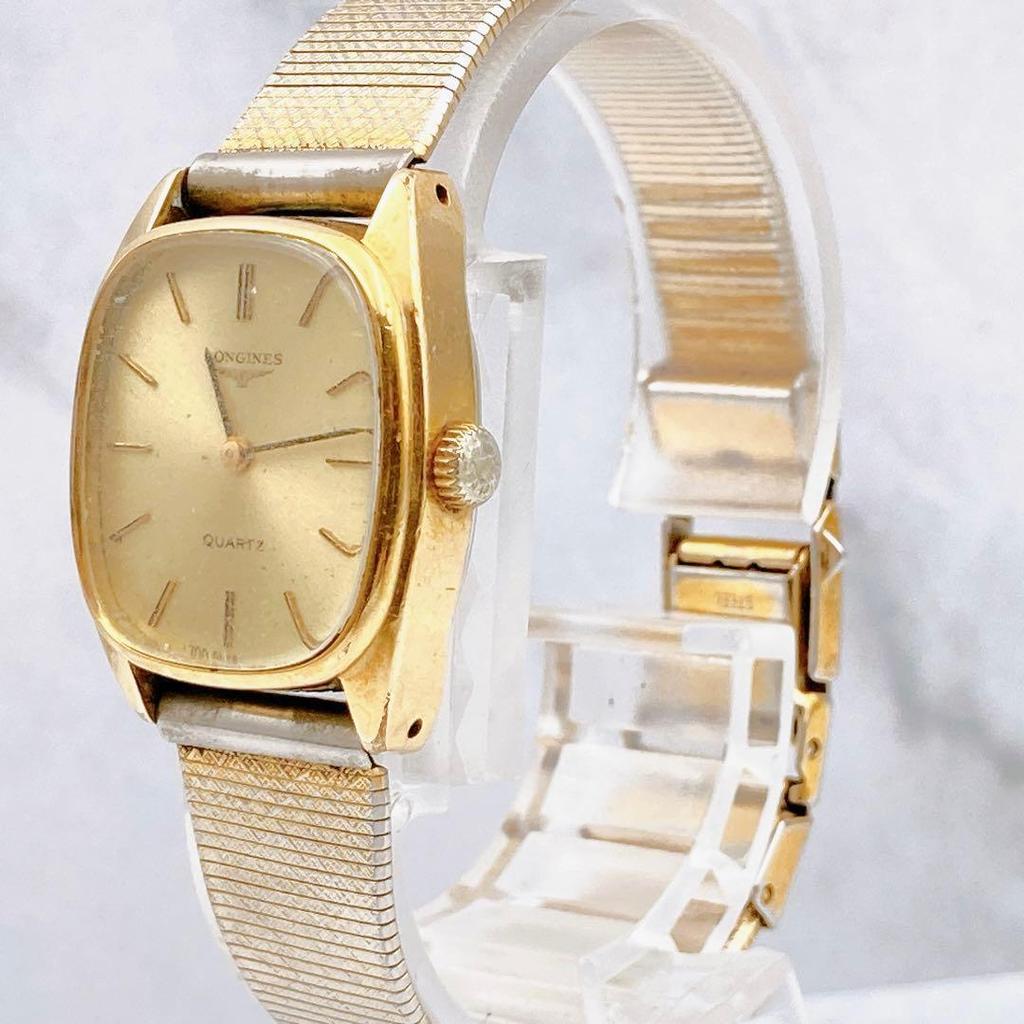 Used Working Item LONGINES Ladies Watch Square Gold Rectangular Golden Metal Band Vintage Antique Women