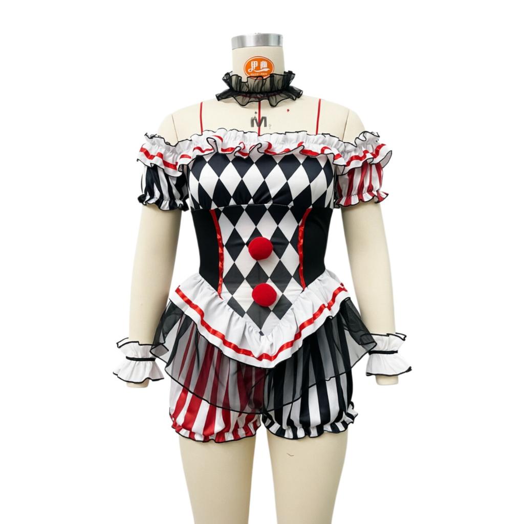 Women Costume Black White Diamond Striped Circus Bodysuit With Ruffle For Halloween Carnival Cosplay