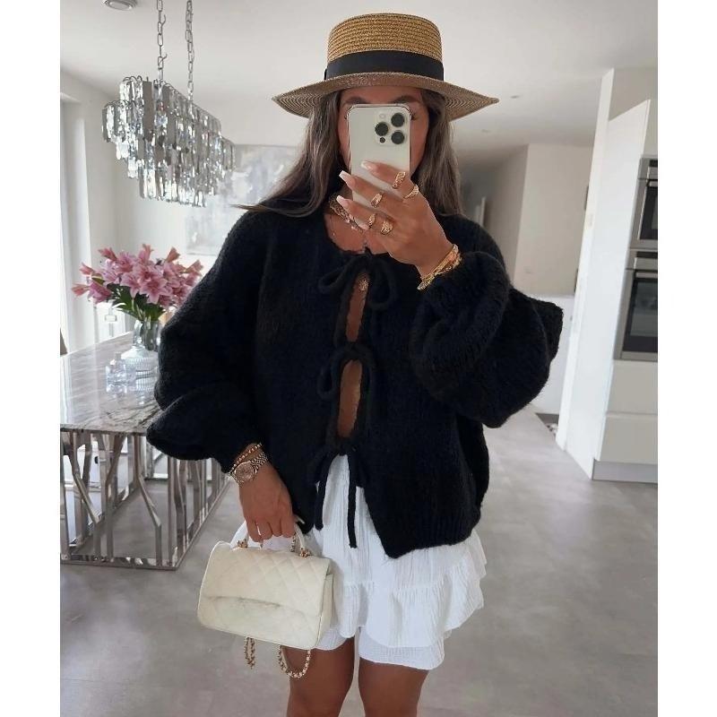 Solid Color O-neck Lace-up Knitted Cardigan Women Autumn Winter Streetwear Casual Simplicity Sweater Coats