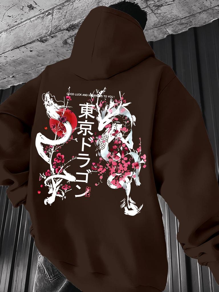 MenS Casual Street Style Hoodie Long Sleeve Graphic Sweatshirt with Cherry Blossom Light Gray Casual Wear Hoodie Comfortable Fit