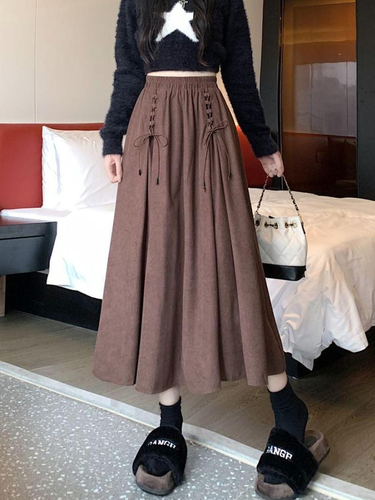 Women's High-Waist Corduroy A-Line Midi Skirt - Spring & Autumn 2025, Coffee Color