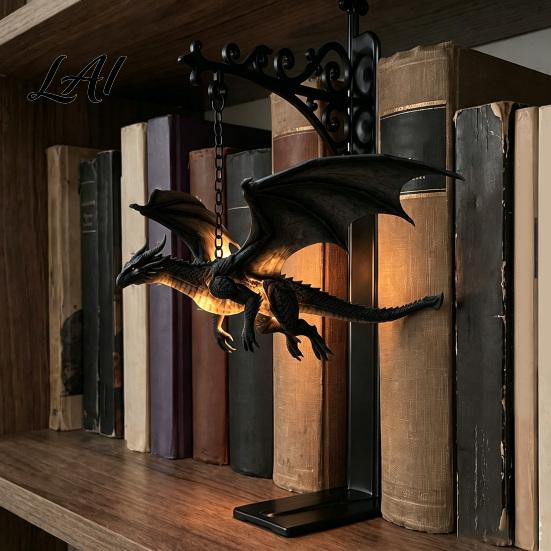 Fantasy-Literatur Fan Geschenk Drachen Bücherregal Lampe Retro Fliegendes Licht Mittelalterlicher Stil Tischdekoration Kreatives Buchstützenlicht für Bibliothek Lesen