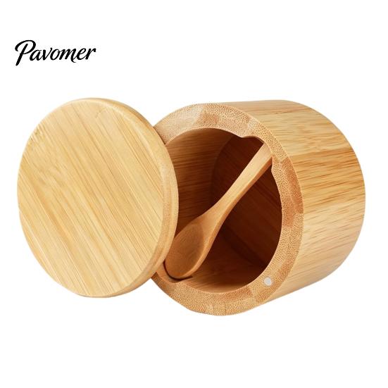 Rustic Kitchen Spice Organizer Wood Salt Container with Swivel Magnetic Lid, Built-in Spoon Seasoning Jar Jar, Moisture Proof for Countertop Solid Box