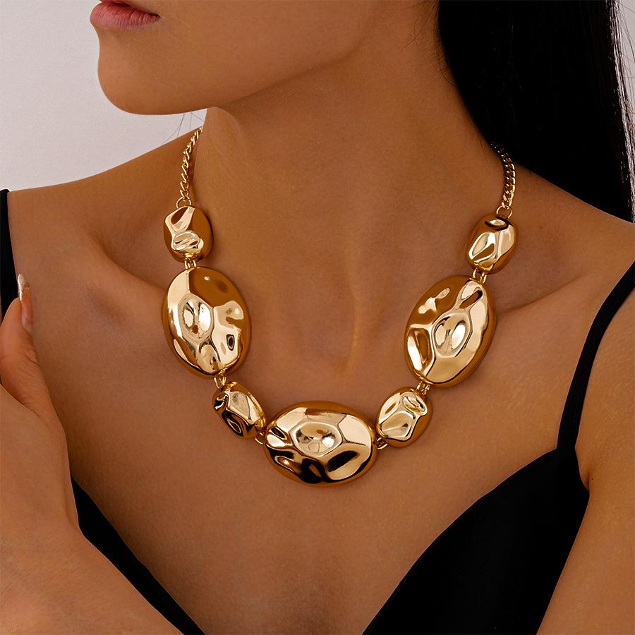 Bohemian Irregular Oval Metal Choker Necklace Women Statement Punk Pendant Earrings Hip Pop Jewelry Accessory