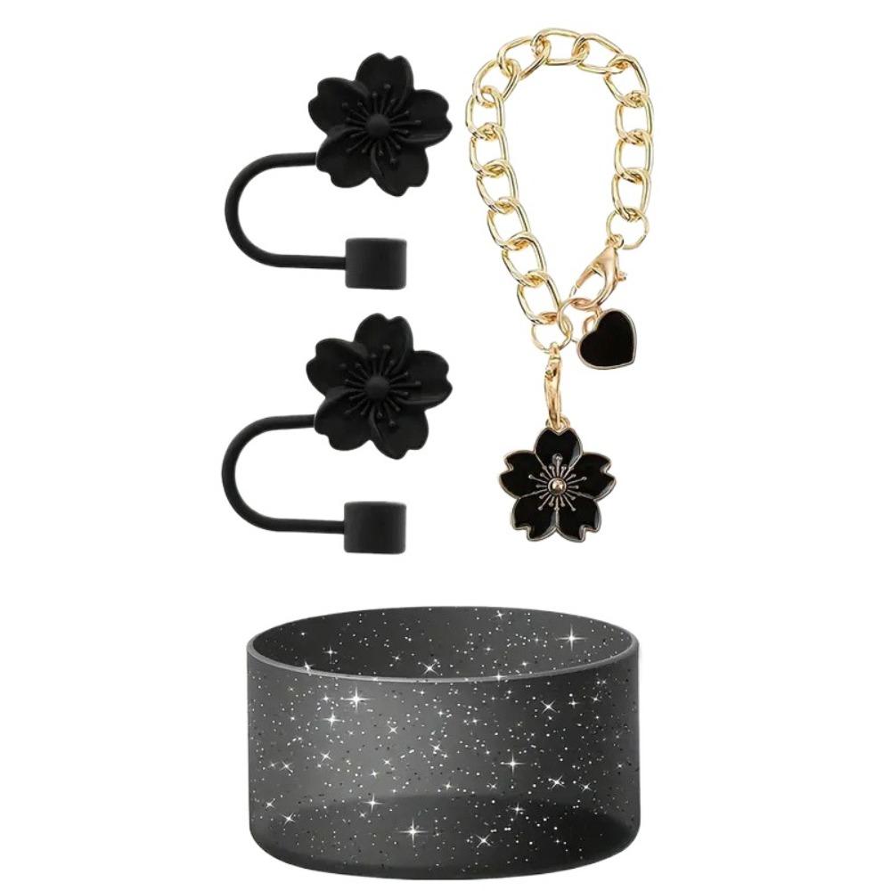 

4 шт./набор Крышка для чашки с соломинкой «Цветы вишни», Нескользящая цепочка-шарм для чашки, Аксессуары для чашки чёрный