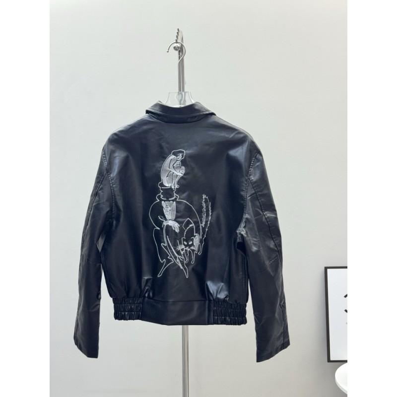 Mens Winter Cotton Embroidered Lamb Leather Jacket Loose Fit Casual Outerwear In Beige Black