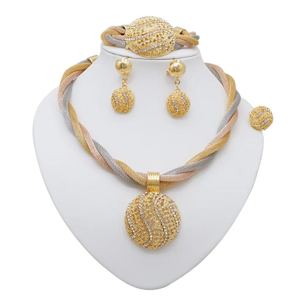 Simple Elegant Gold Color Women Jewelry Sets Necklace Earrings Bracelet Rings Sets Fashion Set Dubai Wedding Banquet Party Gifts
