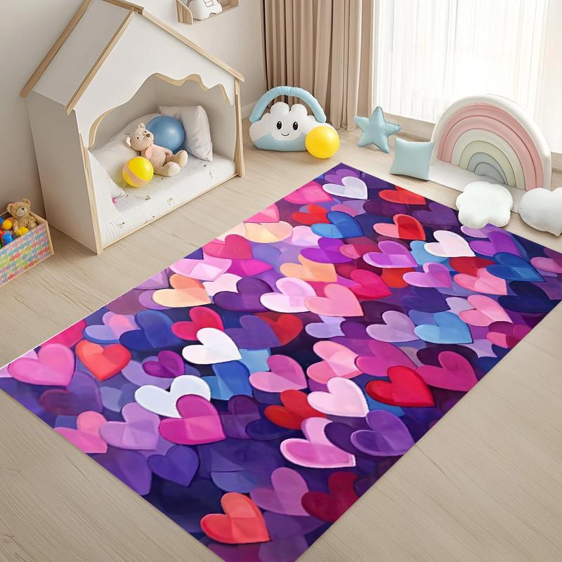 Watercolor Heart Area Rug Romantic Colorful Non Slip Floor Mat Valentine's Day Decor Carpet for Living Room Bedroom Light Luxury