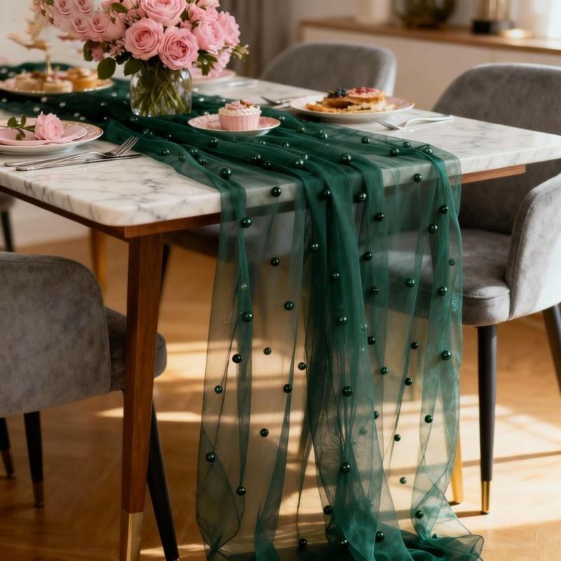 Tulle Fabric Lace Table Runners White Pearl Chiffon Fabric Table Decorations for Bridal Shower Birthday Party Wedding Arch Decor