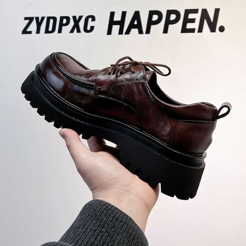 2025 New Brown Leather Men Trendy American Style Height-Increasing Chunky Stylish Thick Sole Hot-Selling Derby Shoes