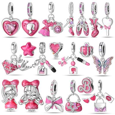 925 Silver Pink Handbag Lipstick Princess Dress Charms Beads For 3mm Bracelets DIY Lucky Gifts Jewelry Making