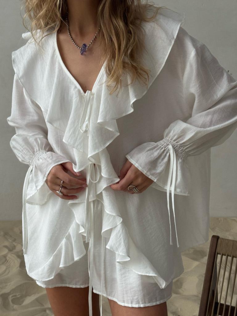 Spring Autumn French Sweet Loose Ruffles Lace Collar Two Piece Set Women's Outfit