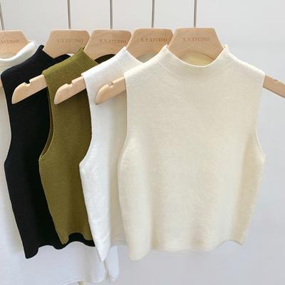 Summer Sleeveless Outerwear Knitted Tank Tops Women Half High Neck Base Tanks Camis Woman Solid Slim Fit Casual Office Ladies Tank Vest Fashion 24985