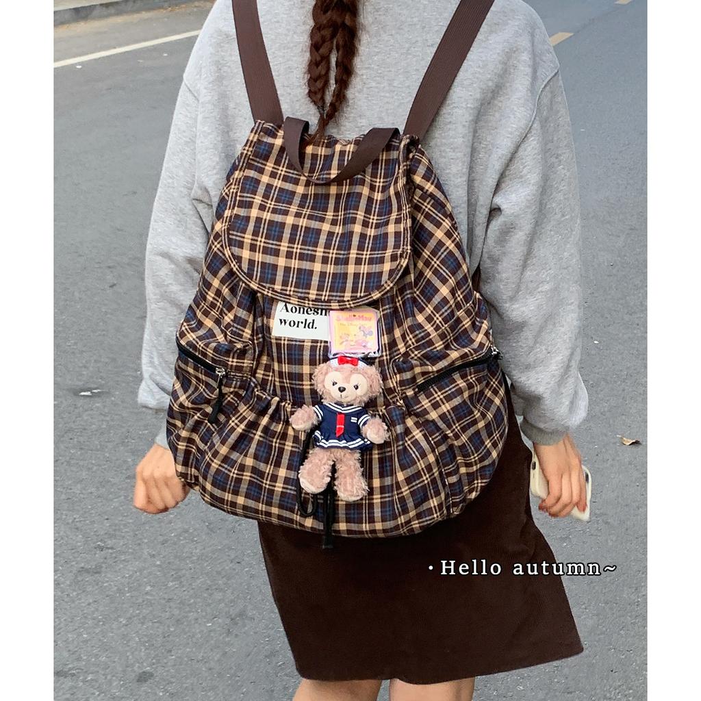 Korean Version of Casual Large-capacity Canvas Bag Women's 2025 New Plaid Backpack Fashion Student Bag Travel Backpack