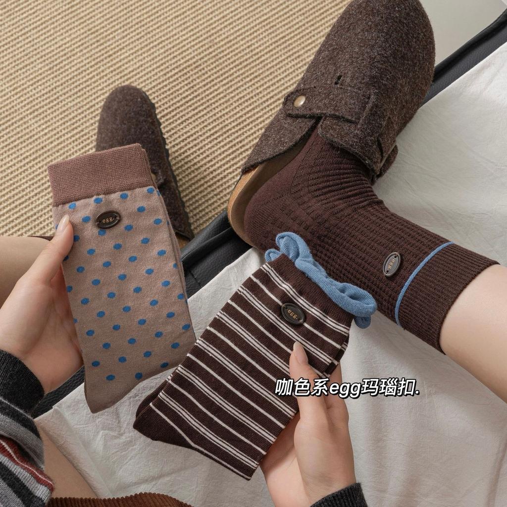 Vintage Polka Dot Stripe Button-Down Socks For Women Korean Maillard Coffee Color Contrasting Mid-Leg Socks Piled Up