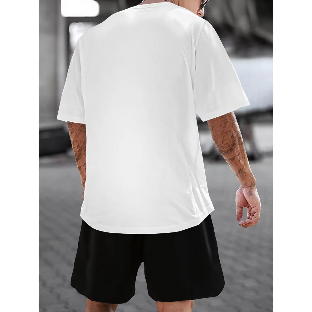 100% Cotton Men's Summer Casual A-letter Poker Pattern Print Loose Size Round Neck Short Sleeved T-shirt+shorts Set