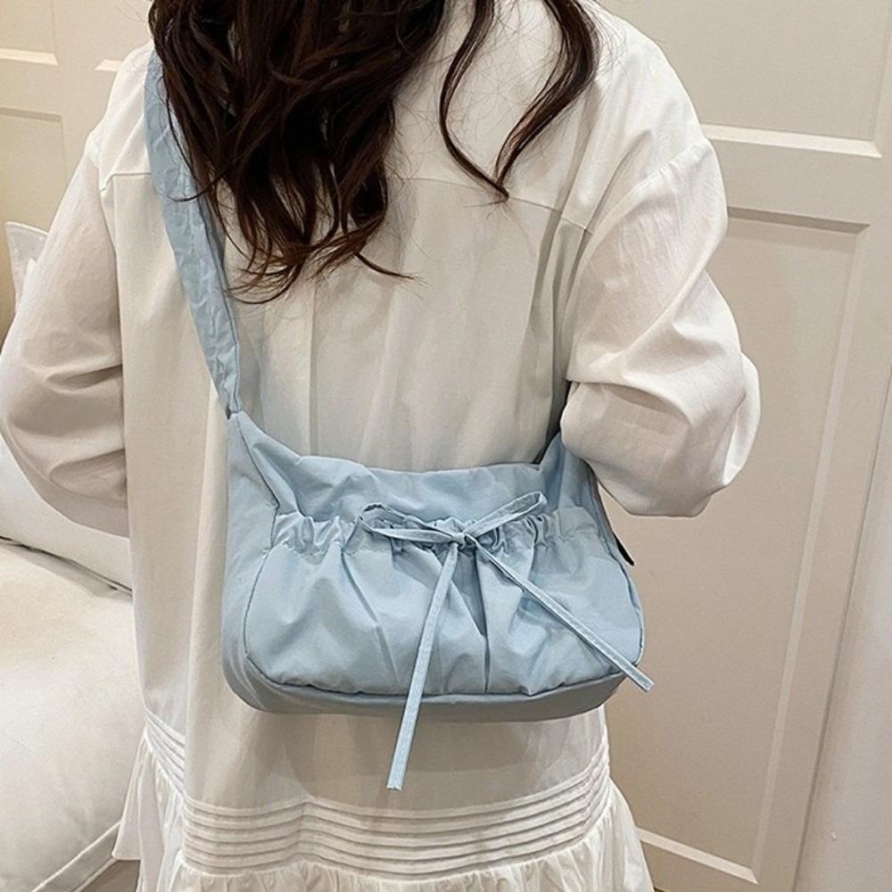 Fashion Nylon Bow Pleated Bag Drawstring Adjustable Pleated Shoulder Bag Zipper Kroean Style Women's Handbag Lady