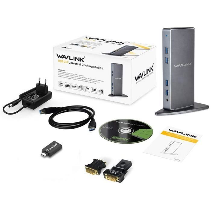 Station d'accueil - WAVLINK - USB 3.0/USB-C - 6 ports USB 3.0 - Sorties DVI/VGA/HDMI - Ethernet Gigabit