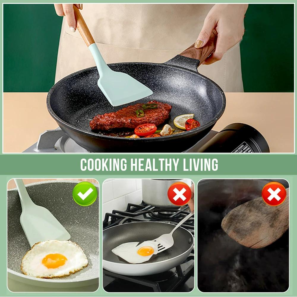 Kuchyňské náčiní s dřevěnou rukojetí Silikonové nádobí 12dílná sada Kreativní pečení Silikonová lopatka Piecenon-stick Smažení Vaření