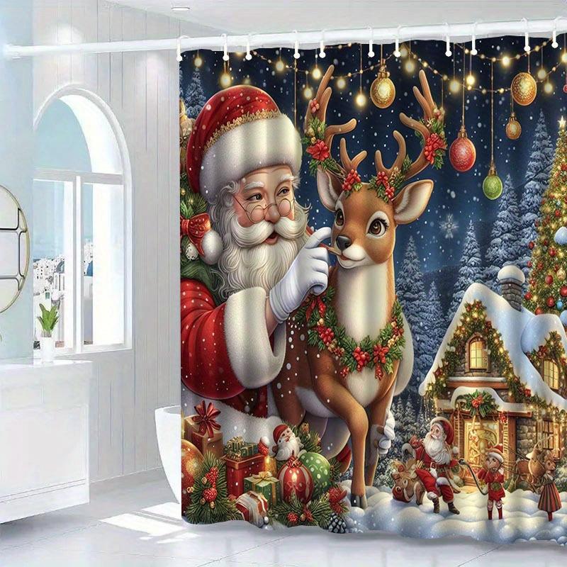 

Festive Christmas Shower Curtain With Santa & Reindeer Design, Polyester Fabric, Machine Washable, Includes Hooks W60H190(CM)-1 Pcs