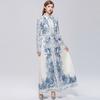 Vintage Print einreihiges figurbetontes Maxikleid für Damen Frühling Herbst Umlegekragen Laternenärmel Elegantes Abendkleid Robes Femme