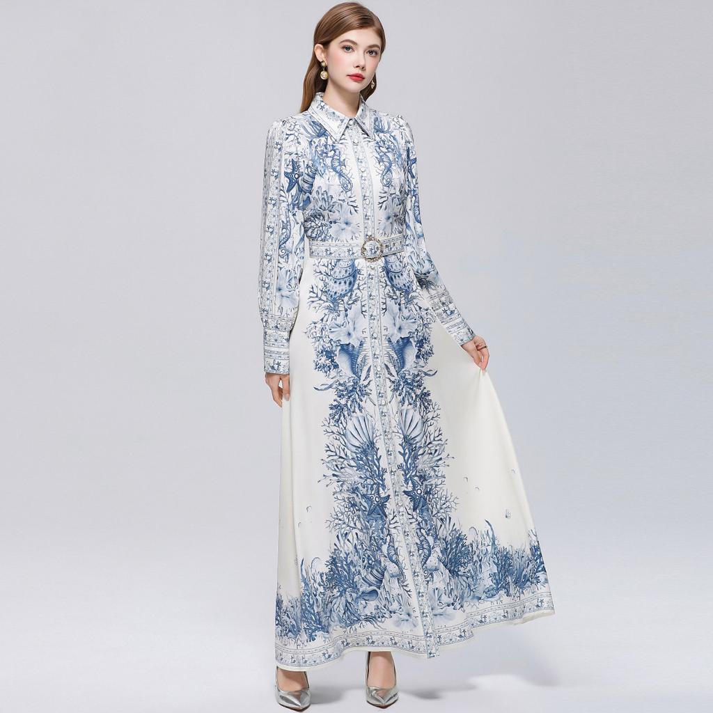 Vintage Print einreihiges figurbetontes Maxikleid für Damen Frühling Herbst Umlegekragen Laternenärmel Elegantes Abendkleid Robes Femme