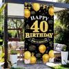 Happy 40th Birthday Decorations for Men & Women, Black Gold 40th Birthday Banner Backdrop, 40 Years Old Party Decor, Fabric Photo Props Yard Sign