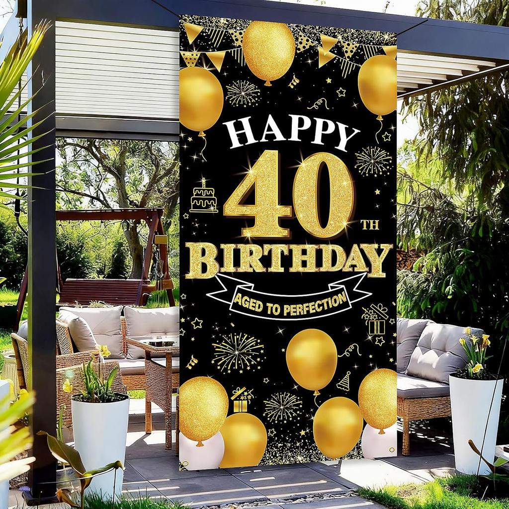 Happy 40th Birthday Decorations for Men & Women, Black Gold 40th Birthday Banner Backdrop, 40 Years Old Party Decor, Fabric Photo Props Yard Sign