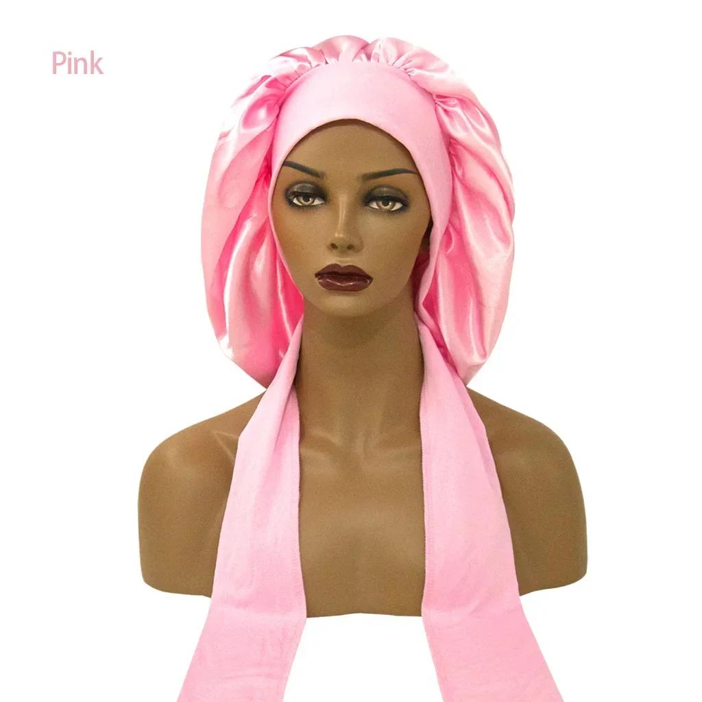 Women Satin Widened Sleep Hat Night Sleep Cap with Long Streamer Hair Care Bonnet Nightcap Shower Turban