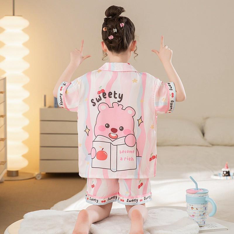 Girls Ice Silk Pajama Set Short Sleeve Cartoon Print Sleepwear 8-14 Years Old Kids