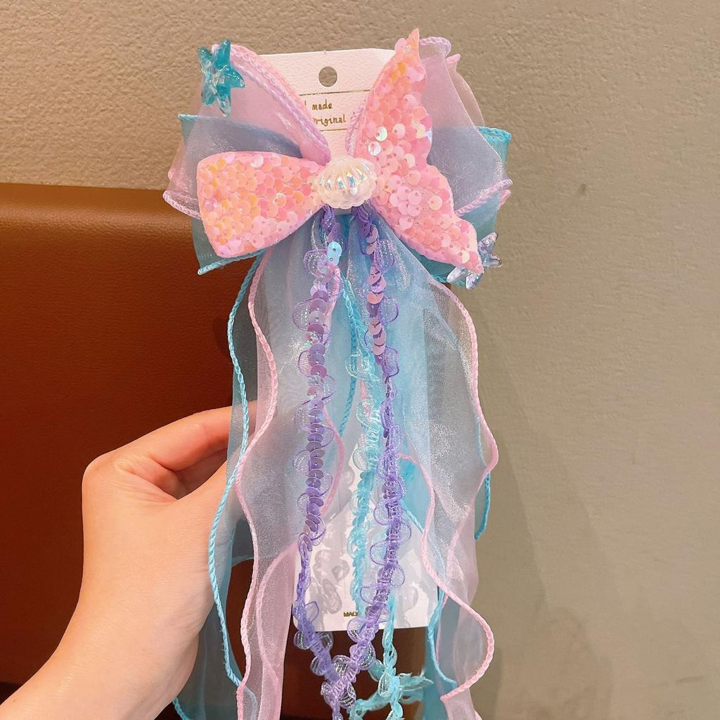 Super Fairy Mermaid Hairband Children's Crown Headwear Girl's Pearl Tassel Forehead Chain Little Girl Butterfly Knot Hair Clip