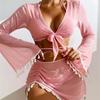 1011 European and American Swimsuit Women's Split Three or Four-piece Set Solid Color Fringed Lace-up Long Sleeve Ins Internet Celebrity Clothing