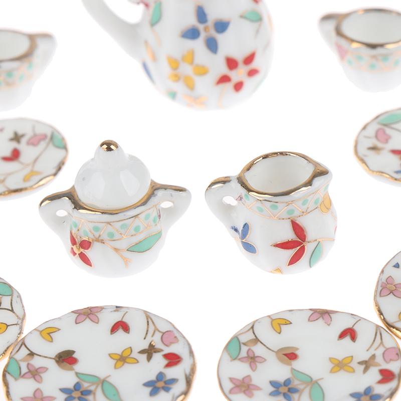 1:12 Dollhouse Miniature 17Pcs Porcelain Tea Cup Set Chintz Flower Tableware