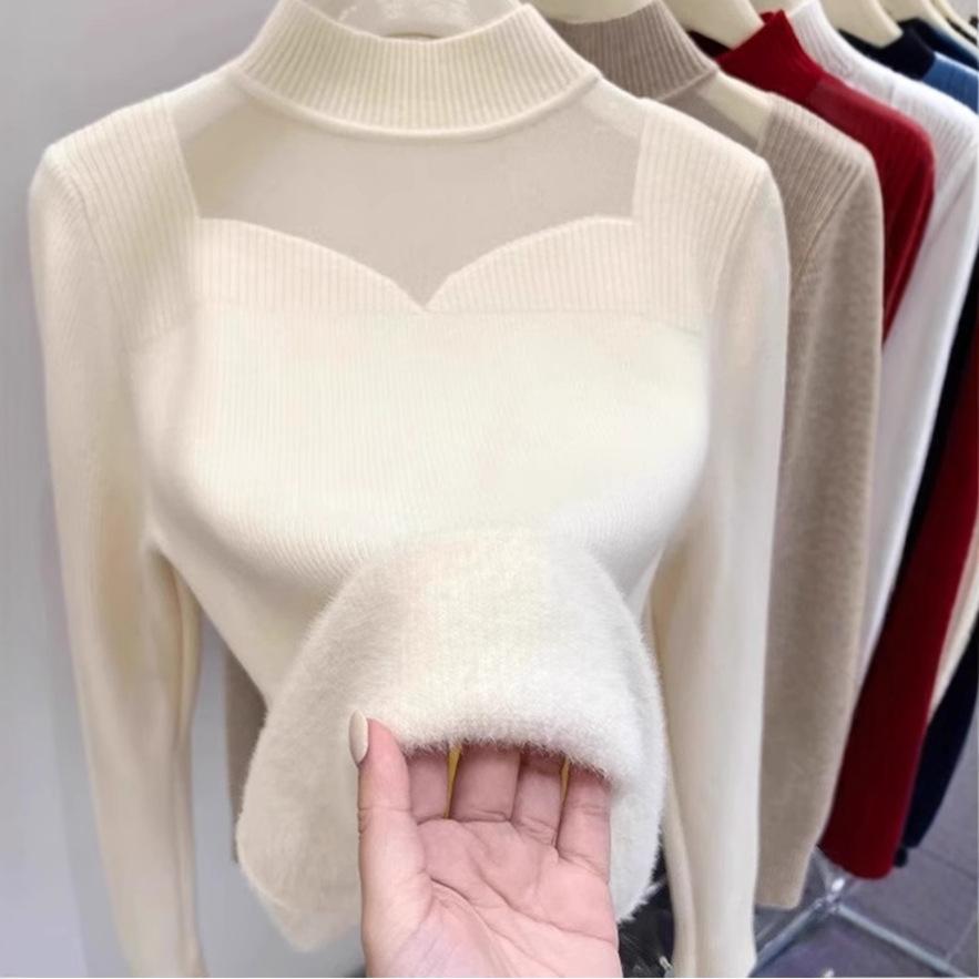 Winter Thick Sweater for Women with Velvet Half High Collar Bottom Shirt for Women