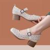 Soft-soled hollow-hole shoes Comfortable middle-heeled sandals Summer new soft leather thick-heeled shallow mouth Mary Jane
