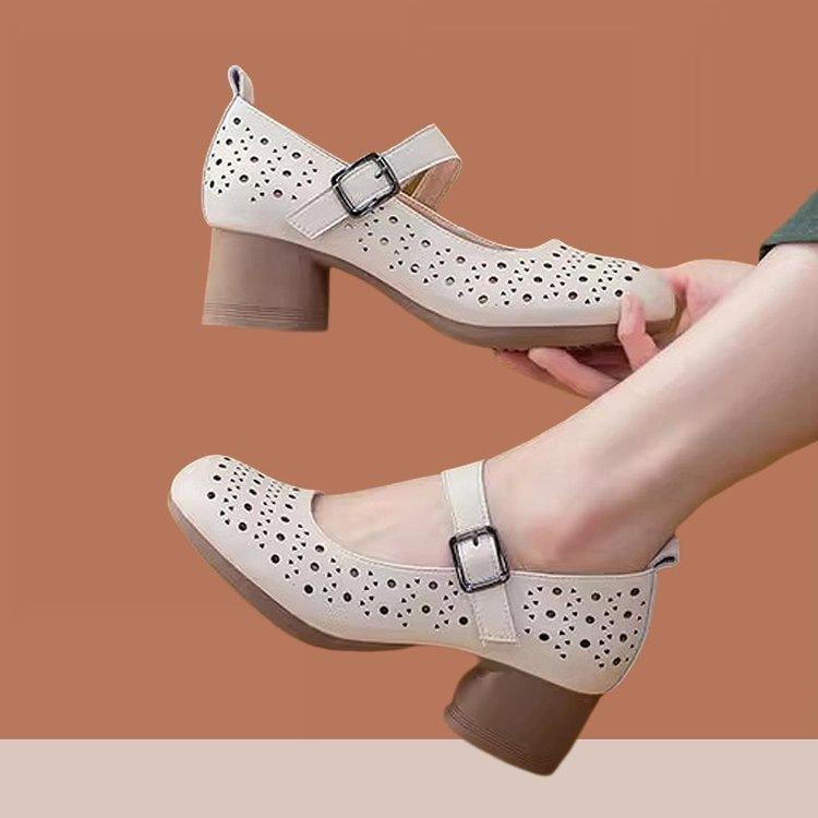 Soft-soled hollow-hole shoes Comfortable middle-heeled sandals Summer new soft leather thick-heeled shallow mouth Mary Jane