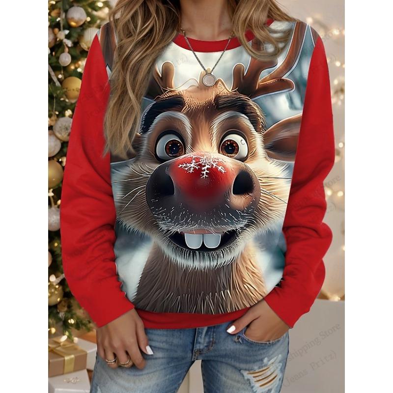 Christmas T-Shirts Fun Reindeer 3D Print Women O-Neck Long Sleeve T Shirt Streetwear Pullover Harajuku Tees Female Tops Clothing