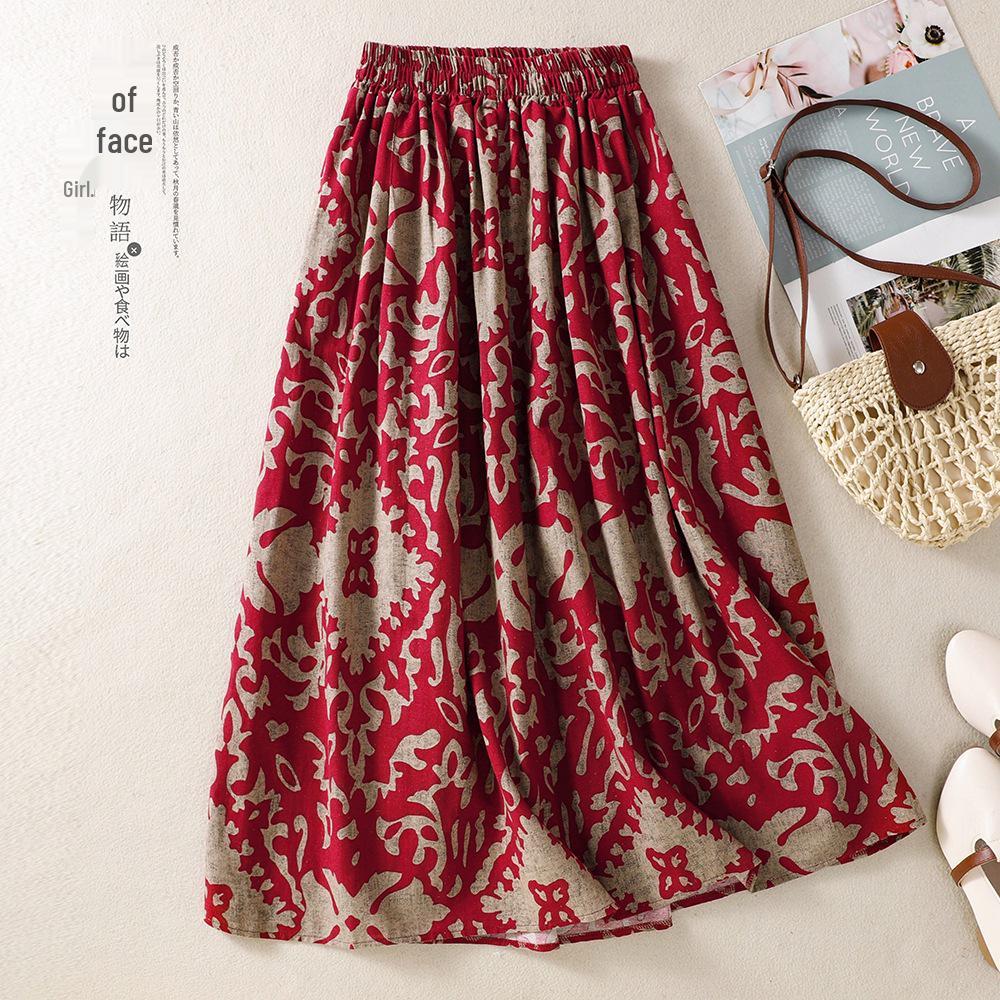 

2026 Spring/Summer Elegant Retro Printed Wide-Hem Umbrella Skirt - Petite, Slimming Chinese Style M червоний