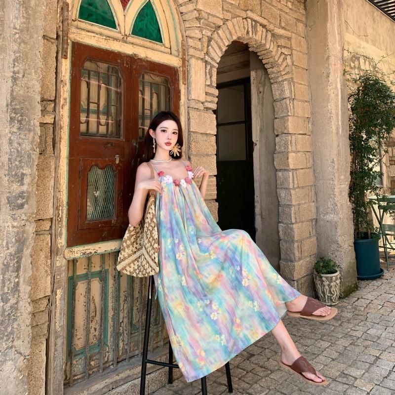 Summer Dopamine Seaside Vacation Dress Oil Painting Painting Printing Suspender Skirt Female Feeling Photo Long Skirt