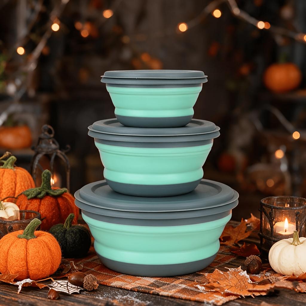 Farida Bio 3Pcs Silicone Folding Bowls With Lids - Portable Tableware For Outdoor Travel, Picnics, And Camping - Kitchen Retractable Folding Salad