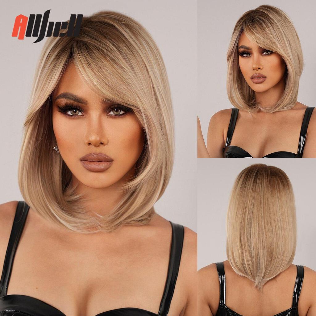 Blonde Brown Ombre Synthetic Wigs Long Layered Highlight Natural Hair Wig with Bangs for Black Women Cosplay Wig Heat Resistant