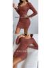 2026 European & American Slim-Fit Ribbed V-Neck Long-Sleeved Hip-Hugging Dress for Spring & Autumn