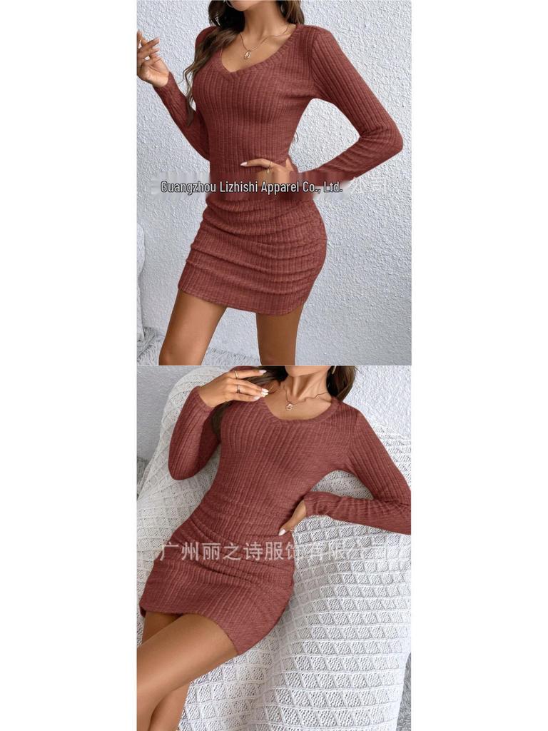 2026 European & American Slim-Fit Ribbed V-Neck Long-Sleeved Hip-Hugging Dress for Spring & Autumn