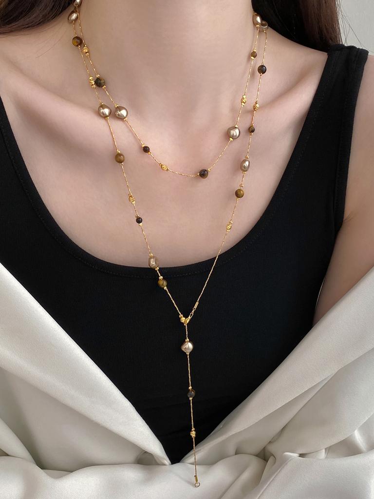 Autumn and Winter Long Tiger Eye Stone Pearl Beads Long Sweater Chain For Women's Popular Necklace New Jewelry Accessories