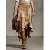 Women's faux suede vintage style irregular ruffle midi skirt with waist tie and tassel decoration