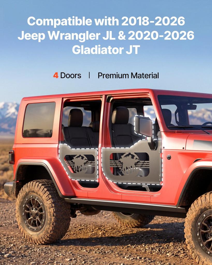 Jeep Tube Doors, 4-Door, Fit for 2018-2026 Jeep Wrangler JL & 2020-2026 Gladiator JT, Soldier Pattern Off Road Front & Rear Tubular Half Doors with
