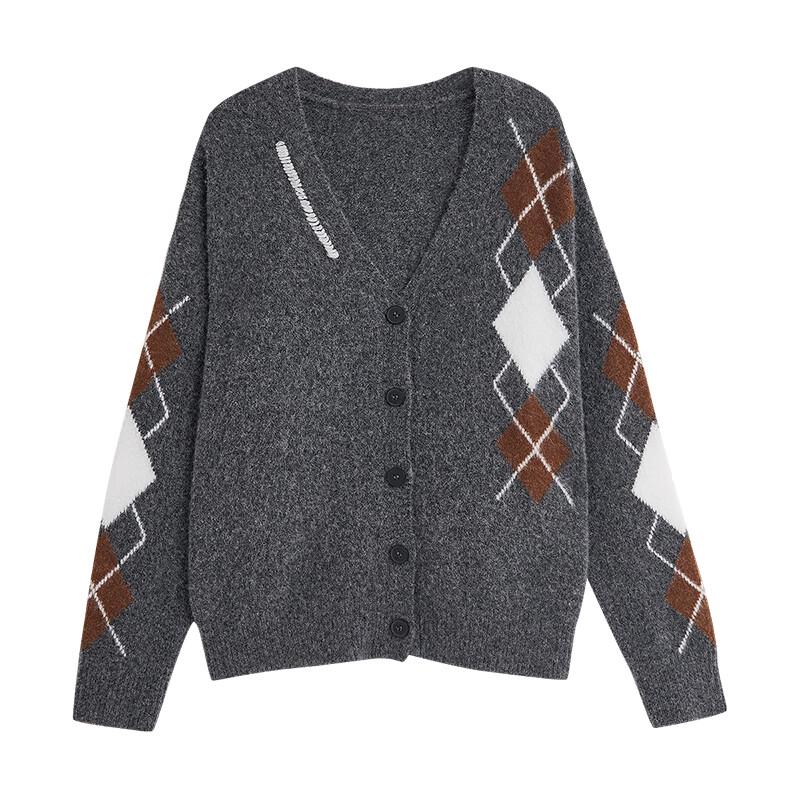 Women's V-Neck Retro Argyle Knitted Cardigan Sweater