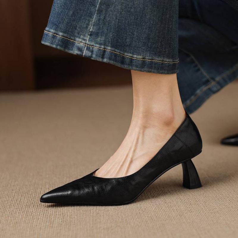 

Женские туфли-лодочки Four Seasons, комбинезоны, говяжьи сухожилия, мягкая подошва, туфли с низким верхом, новые кожаные туфли на высоком каблуке-шпильке, женская обувь из овчины 40 чёрный